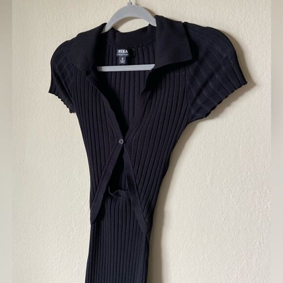 Hera Collection Ribbed Midi Black Sweater Dress Bodycon Short Sleeve Size S - Picture 6 of 7